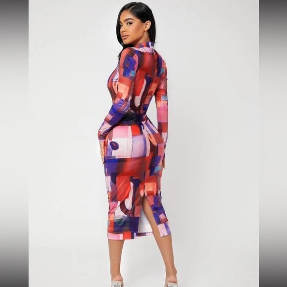 Long sleeve women xs dress shein color block red blue slit abstract - Picture 2 of 2